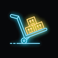 Poster - Glowing neon line icon of a hand truck carrying cardboard boxes, ideal for illustrating logistics, delivery services, and e commerce