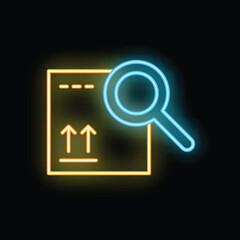 Poster - This neon icon represents the concept of delivery tracking, featuring a magnifying glass inspecting a cardboard box