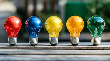 Five colorful light bulbs in a row on wood.