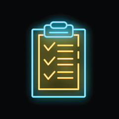 Poster - Glowing neon line clipboard with checklist icon isolated on black background. Vector illustration