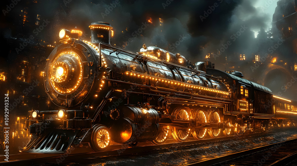 Glowing Steam Train Journeys Through Dark City Night Stock Photo ...