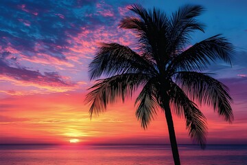 Wall Mural - Vibrant sunset with palm tree silhouette over calm ocean waters