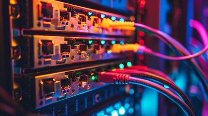 Poster - Colorful LED lights brighten network cables in the data center for efficient communication
