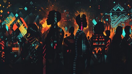 Silhouettes of diverse people in vibrant, abstract tribal scene.