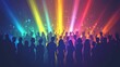 © Indri - Silhouettes of a large crowd of people enjoying a vibrant, colorful, energetic event with rainbow light rays.