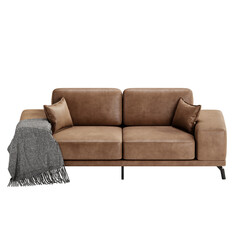 A brown couch with a black and white blanket on it