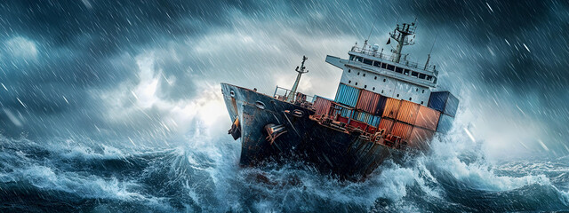 A sinking cargo ship with containers during a storm in the ocean. Containers falling off the ship during a storm. Losses of maritime transportation of goods. Concept of sinking cargo ship.