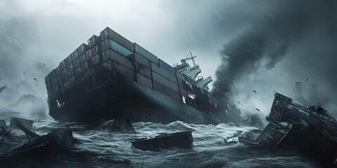 Wall Mural - A sinking cargo ship with containers during a storm in the ocean. Containers falling off the ship during a storm. Losses of maritime transportation of goods. Concept of sinking cargo ship.