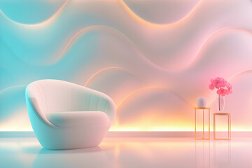 Poster - Bright, airy space featuring a sleek white chair against a soothing pastel background designed for tranquility