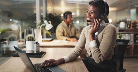 Poster - Night, call center and funny with woman, laptop and customer service in office. Employees, insurance agent and consultant with headset, computer and tech support with help desk, laughing and advice