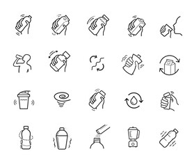 shake icons set. set for package, shows user instruction. the outline icons are well scalable and ed