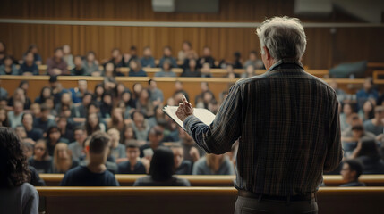 Wall Mural - Back view of mature professor giving lecture to large group of college students in the classroom.