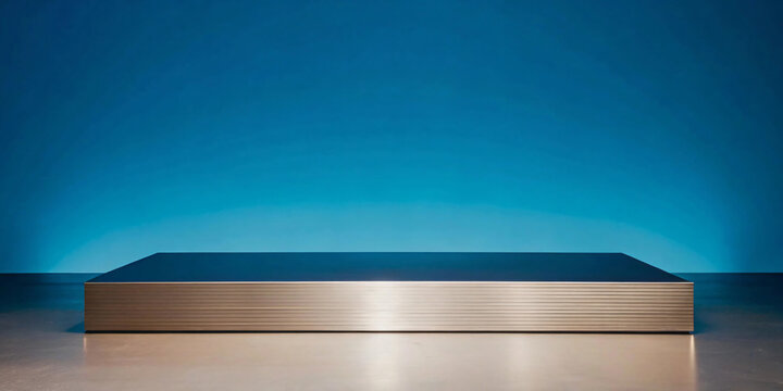 Metal podium with futuristic background, suitable for technology products and text. Blue background