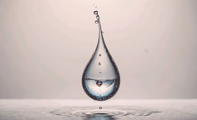 Poster - Single water droplet is suspended in the air, with water surrounding it. The droplet appears to be floating on the surface of the water, creating a unique and captivating visual effect