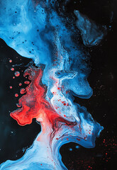 Wall Mural - An abstract painting features vibrant blue, red, and yellow colors, skillfully blended with watercolor splashes against a deep black background colorful smoke on black background. 
