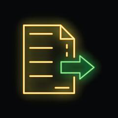 Poster - Neon glowing icon of a document being sent to the right on a black background