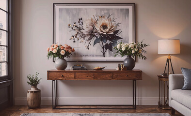 Poster - Large framed painting of a flower is on the wall. There are two vases on the table, one of which is filled with flowers. A book is on the table as well