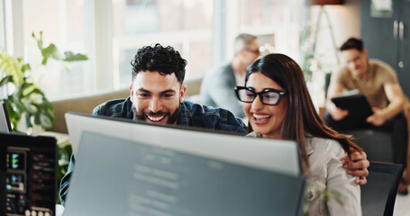 Poster - Business people, happy and computer with success, achievement and good news in office. Collaboration, internet and promotion with excited staff, professional and web design with smile and job bonus