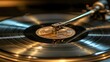 © horizon - Vintage turntable close-up with spinning vinyl record, stylus needle detail, warm lighting, and shallow depth of field, showcasing classic analog audio equipment in moody atmosphere.