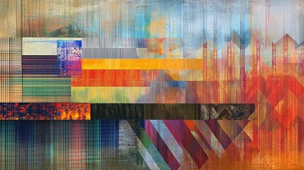 Aufkleber - Vibrant rainbow hues with TV static and bold geometric patterns, creating an abstract backdrop. 