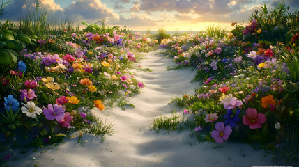 Wall Mural - Sunset Beach Flower Path Illustration