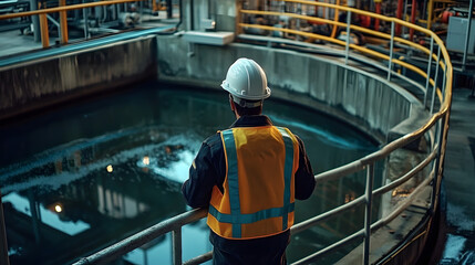 Wall Mural - A person wearing a hard hat and safety vest inspecting a wastewater treatment plant.