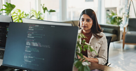 Fototapete - Woman, programmer or coding with computer screen for web design or software development at office. Female person, developer or designer with technology for programming or problem solving at workplace