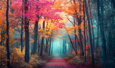 A serene forest path adorned with vibrant autumn foliage and a misty atmosphere.