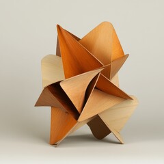 Poster - Abstract wooden sculpture, geometric shapes, orange and beige tones, complex structure.