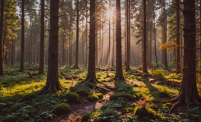 Aufkleber - Forest with a path in the middle. The path is surrounded by trees and there is a sun shining through the trees