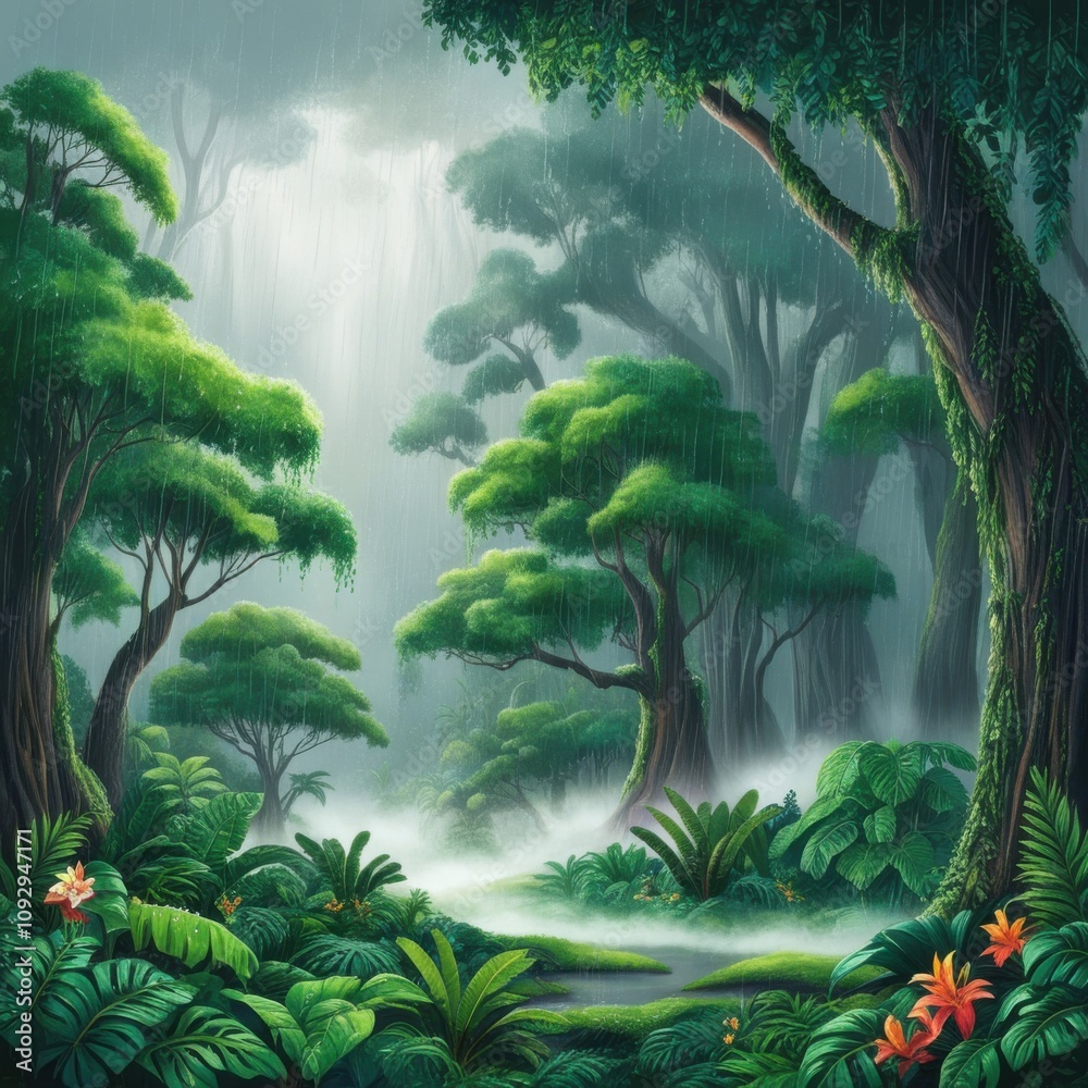 Lush green rainforest with dense foliage and misty atmosphere – vibrant ...