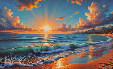 Poster - Beautiful ocean scene with a large wave and a bright sun. The sun is setting and the sky is filled with clouds