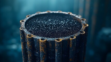 Poster - detailed close up of a water filter cartridge showing the fine mesh and activated carbon layers desi