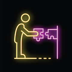 Poster - Neon icon of a businessman holding a puzzle piece, representing problem solving and teamwork