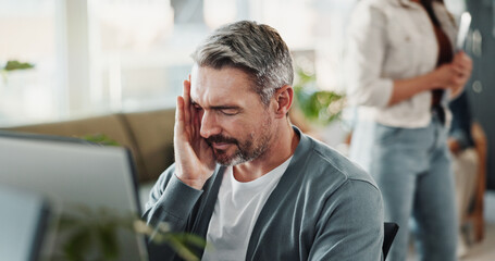 Poster - Mature, businessman or headache with stress for bankruptcy, mistake or failure at office. Senior, man or employee with migraine, anxiety or strain for fatigue, depression or company debt at workplace