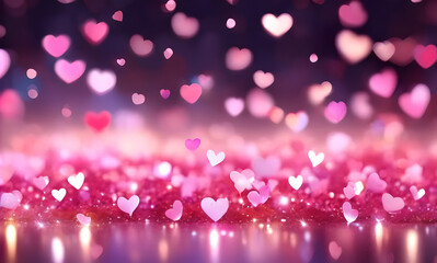 Poster - Pink background with many hearts scattered across it. The hearts are of different sizes and are placed in various positions