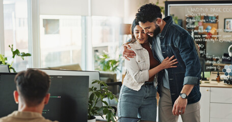 Aufkleber - Woman, man and people hug in startup or office for teamwork, good news and goodbye. Designers, work friends and embrace for support with care, staff announcement or farewell for career opportunity