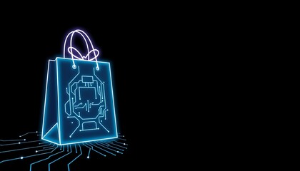 Poster - High-Tech Neon Shopping Bag on Black: Sale Banner Template