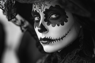 Wall Mural - Woman wearing calavera catrina makeup for day of the dead celebration posing in black and white