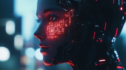 Poster - Futuristic Portrait of Cyberpunk Android Female with Glowing Facial Circuit for Modern Technology Innovation Concept.