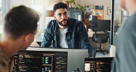 Leinwandbilder - Men, discussion and meeting with computer for coding solutions, problem solving or ideas at office. Male people, designers or developers working on technology for software development at workplace