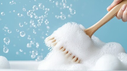 bathtub cleaning sparkle concept, A hand holds a wooden brush above a mound of fluffy soap bubbles, set against a light blue background, creating a clean and refreshing atmosphere.