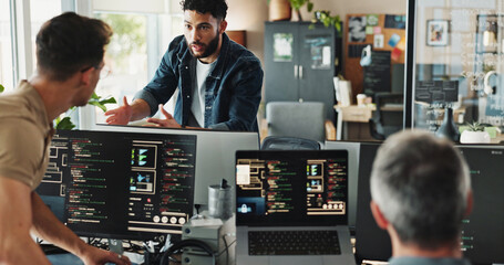 Leinwandbilder - Men, discussion and programmer with computer for coding solutions, problem solving or idea at office. Male people, designers or developers working on technology for software development at workplace