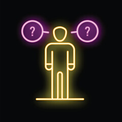 Poster - Neon style icon of a man making a difficult decision with two question marks