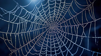 An intricate spider web glistening in the moonlight, set against a deep navy background. The delicate strands intertwine, creating a mesmerizing pattern that evokes a sense of mystery and elegance.