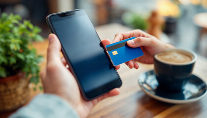 Wall Mural - Pay for goods by credit card through a smartphone in a coffee shop.