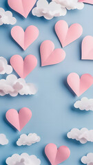 Poster - Blue background with a bunch of pink hearts scattered around it. The hearts are of different sizes and are placed in various positions