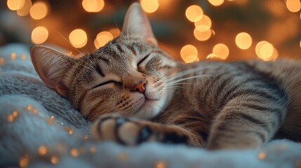 Wall Mural - Peaceful tabby cat sleeps soundly on soft blanket with warm bokeh lights in background.