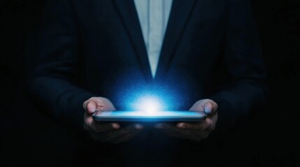 Poster - Futuristic Holographic Tablet Display with Light Emission in Hands, Showcasing Innovative Technology and Digital Transformation in a Modern Business Environment