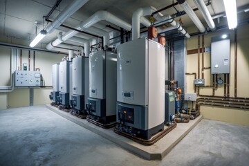 Poster - Boiler room housing modern heating system with pipes and control panel